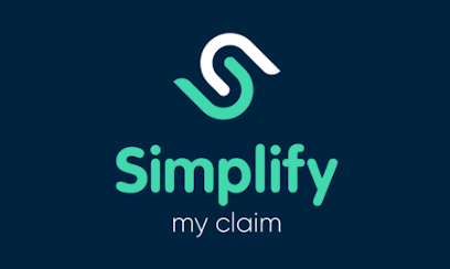 Simplify My Claim logo on dark blue background with teal and white icon and text