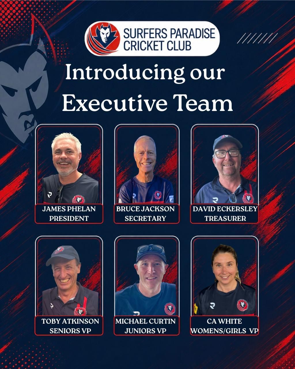 Surfers Paradise Cricket Club executive team poster with six member portraits on a dark red and navy background