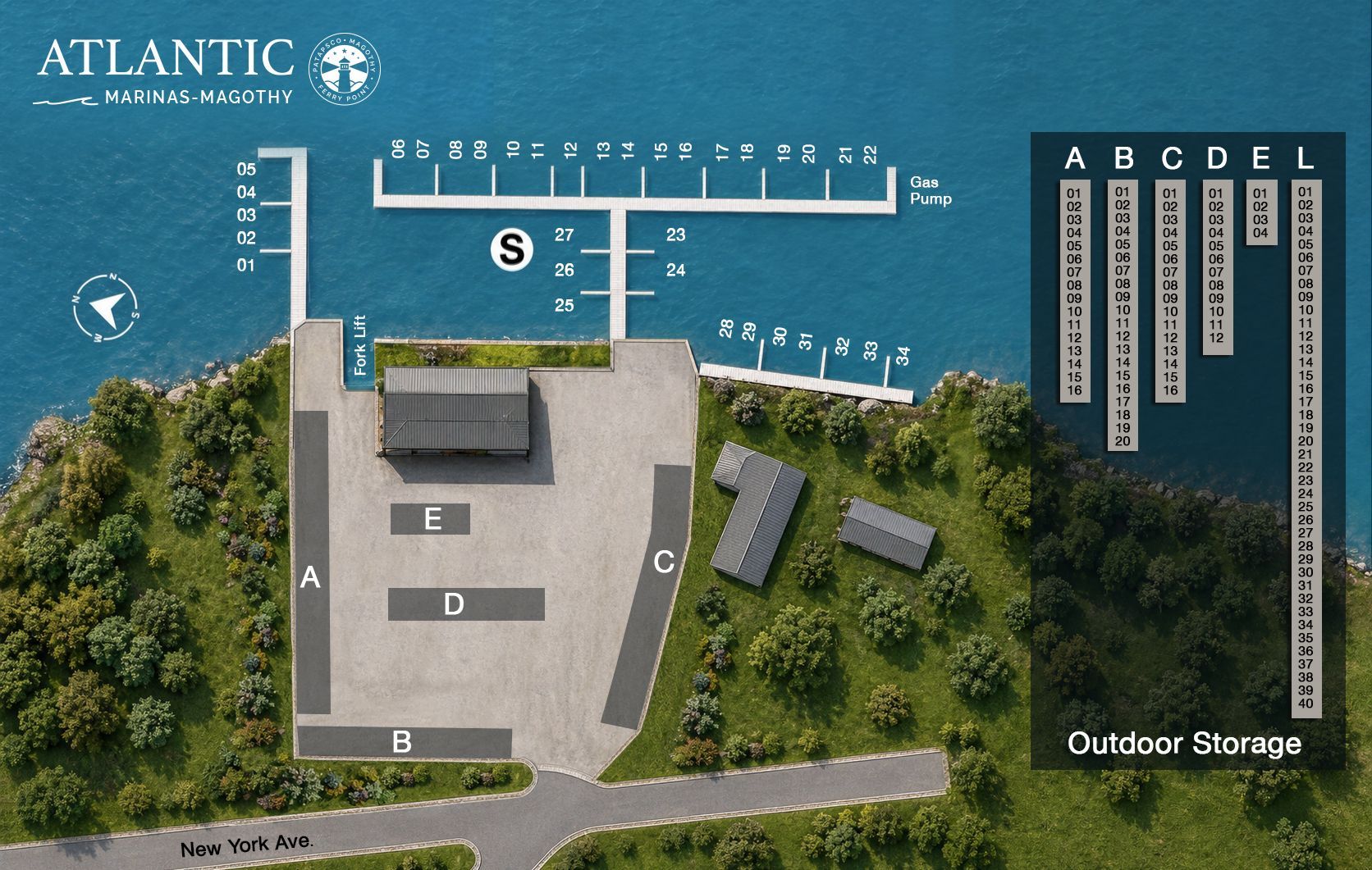 A boat dock layout with multiple boats in various slip configurations, with a blue background.