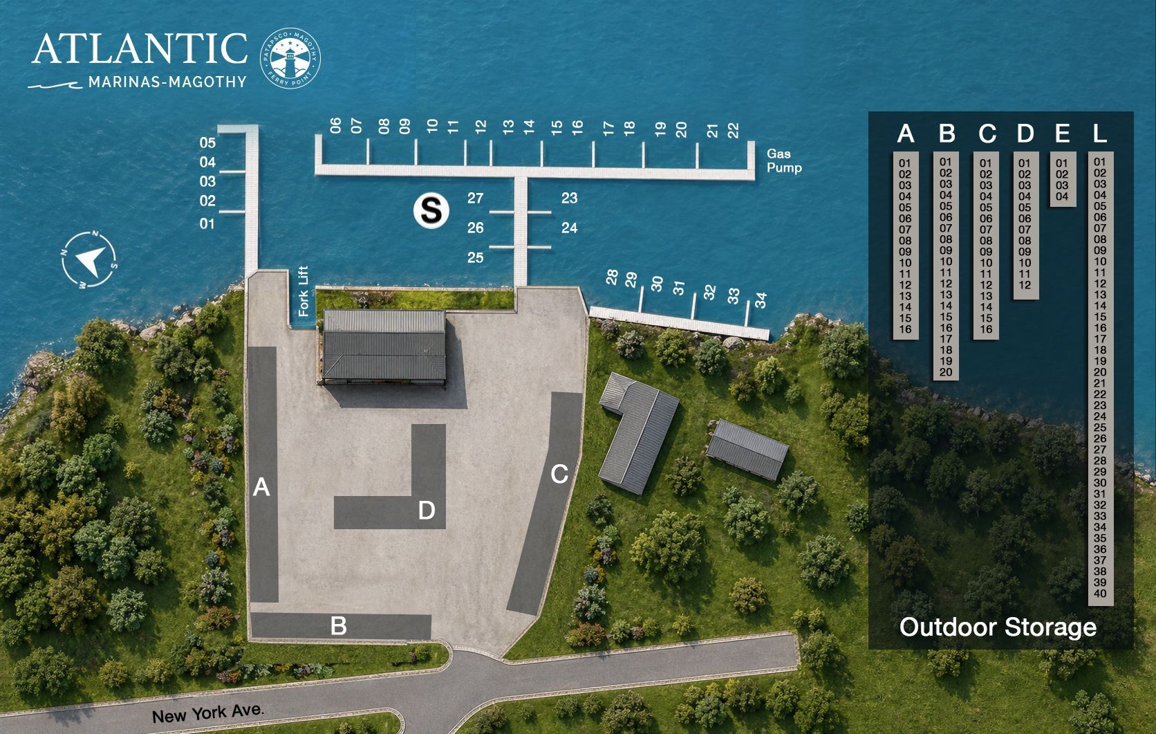 A boat dock layout with multiple boats in various slip configurations, with a blue background.