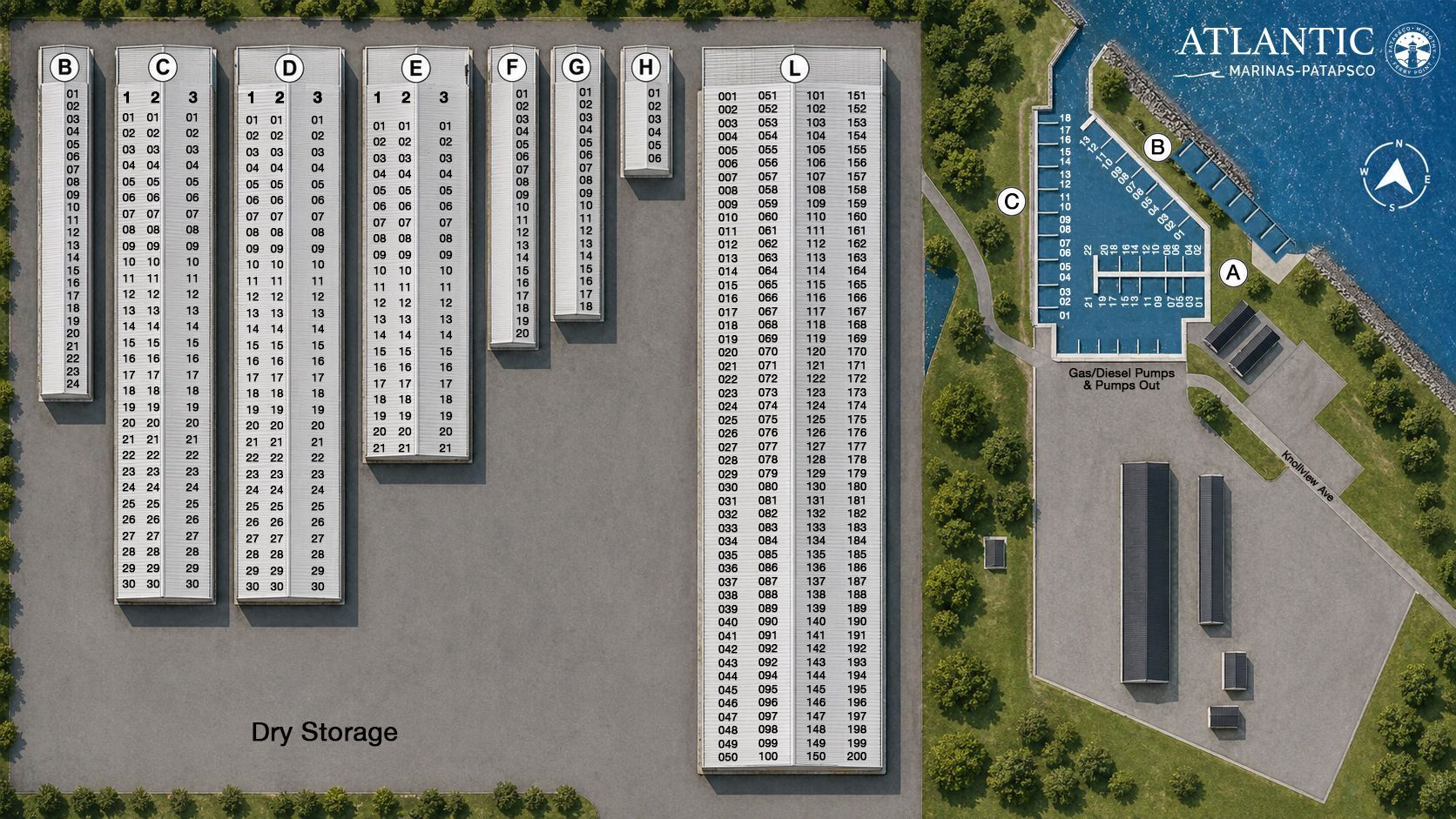 Diagram of Patapsco Yacht Club showing boat slips and docks.