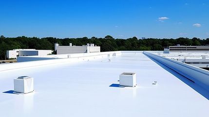 White flat rooftop with vents and blue edge against a tree-lined sky