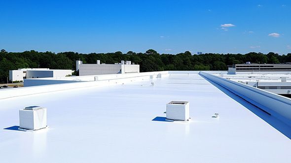 White flat rooftop with vents and blue trim under a clear sky, trees in the distance