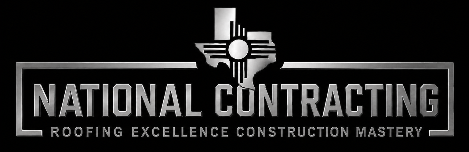 National Contracting logo with a hammer and roof icon, featuring the tagline &ldquo;Roofing Excellence Construction Mastery&rdquo;