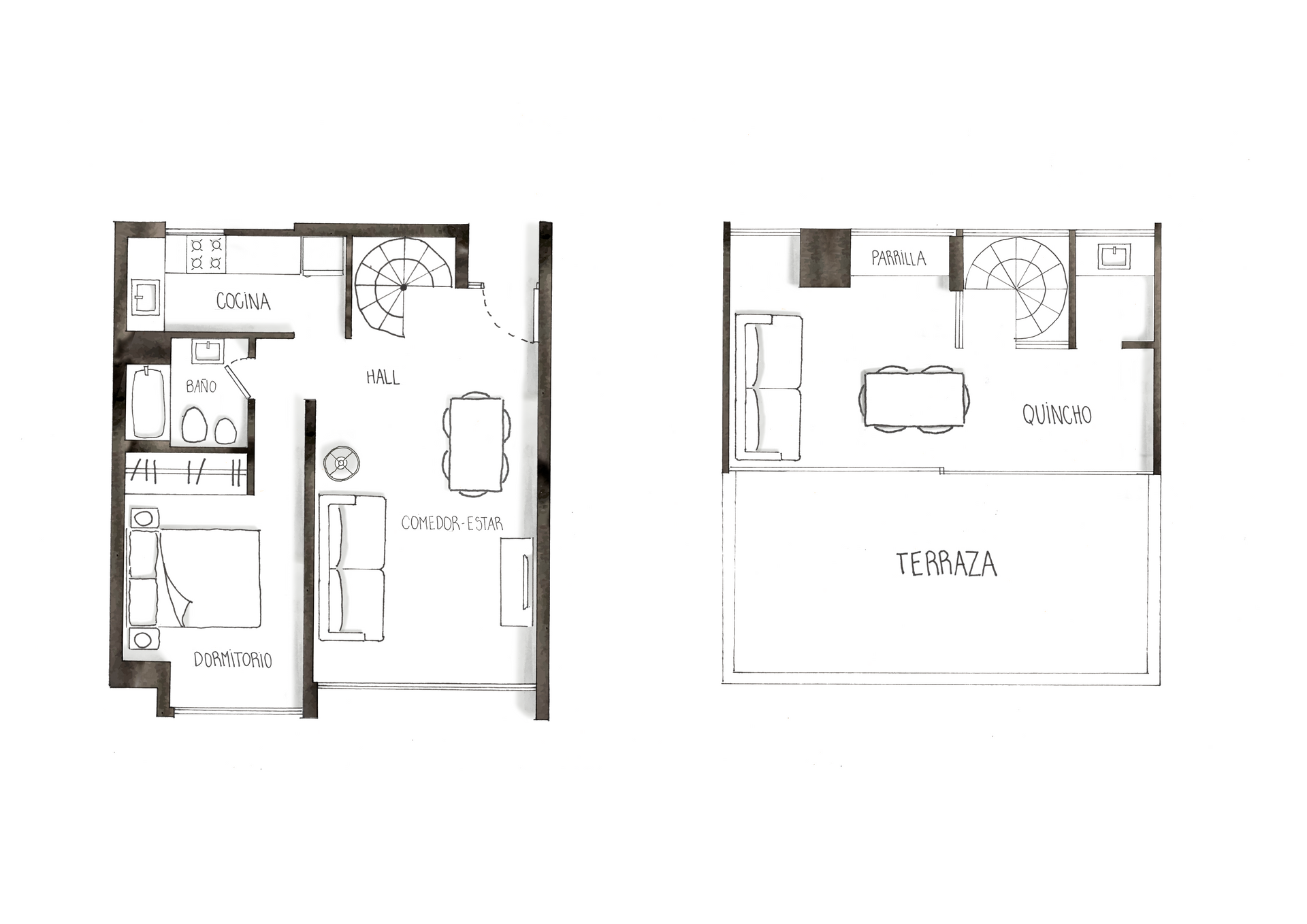Plano de una casa con sala, cocina, dormitorio y terraza.