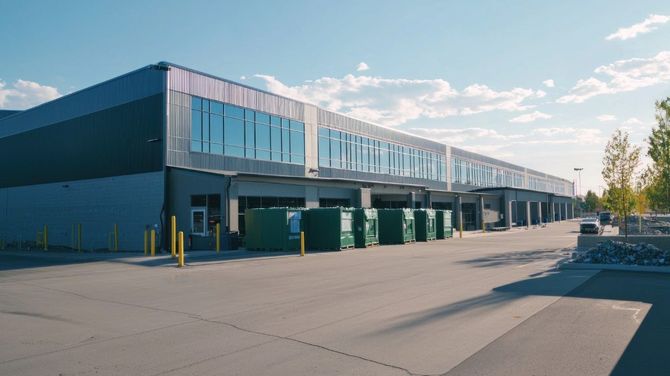 Large modern industrial warehouse with blue-gray exterior and empty parking lot on a sunny day
