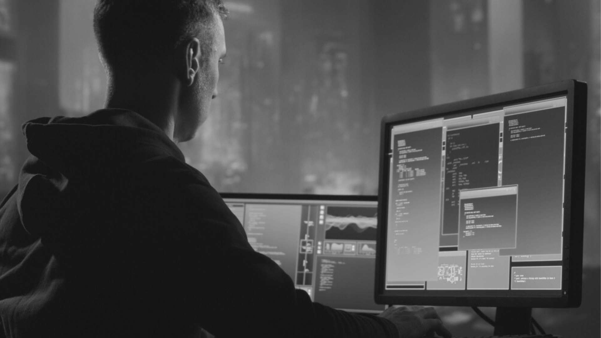 A man is sitting in front of two computer monitors.