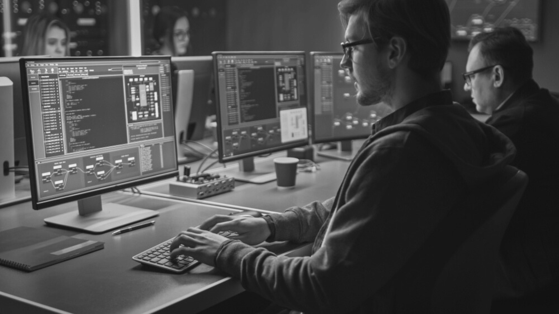 Nearshore outsourcing man is sitting at a desk in front of a computer.