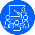 A blue circular icon showing an instructor pointing at a whiteboard in front of three seated individuals.