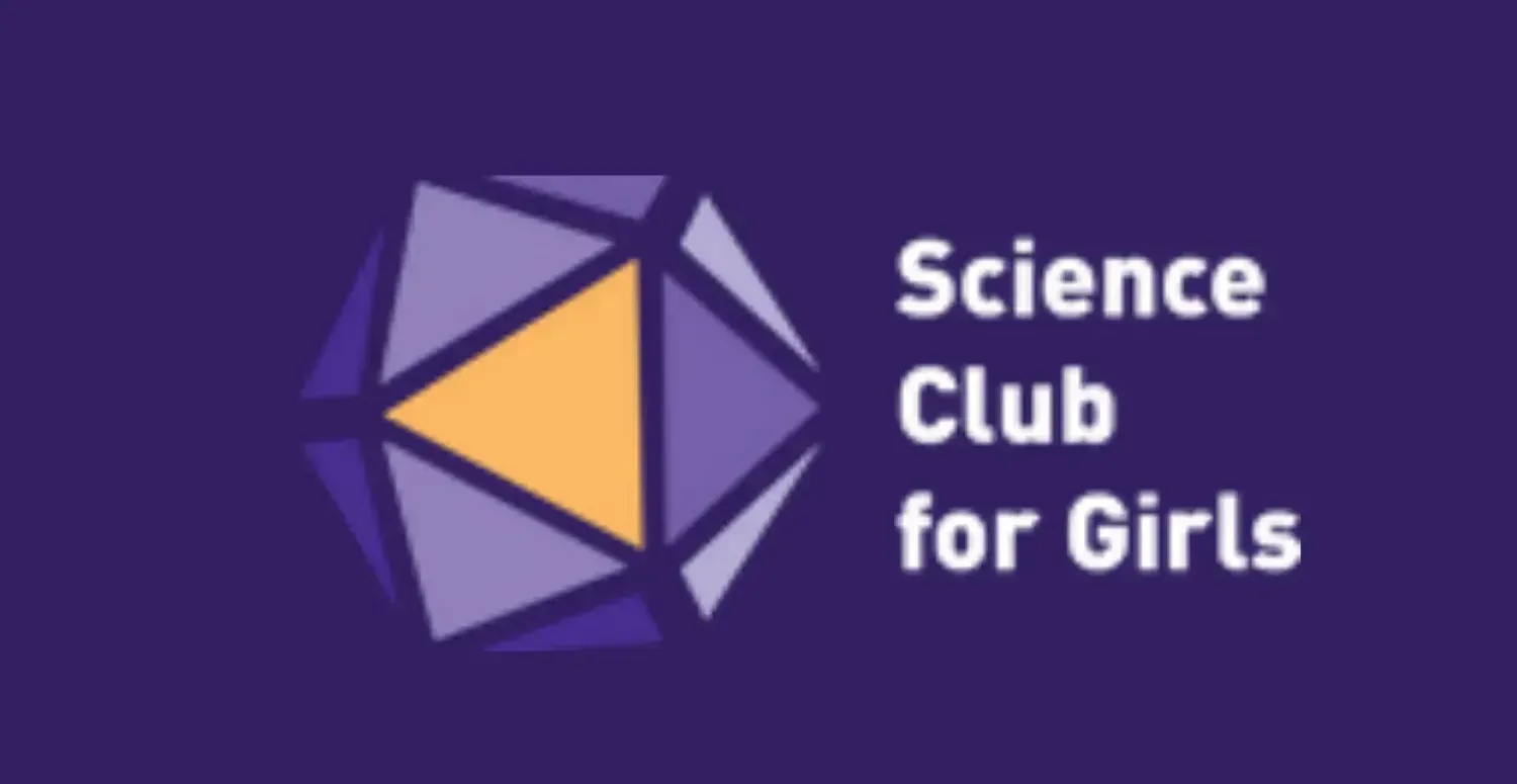 Science Club for Girls logo on a purple background, with a geometric purple and yellow icon and white text.