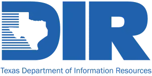 Texas Department of Information Resources (DIR) blue logo with Texas silhouette inside the D