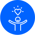 A white icon of a happy person with arms outstretched and a heart above their head, set against a solid blue circle.