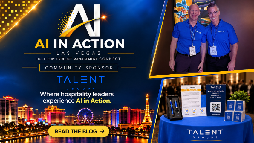 AI in Action conference promo with city skyline, two presenters, and Talent logos in blue and gold