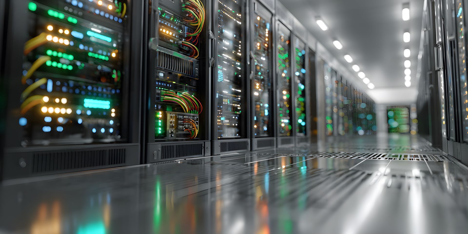 Rows of servers in a data center, illuminated by colorful lights, reflecting on the floor.
