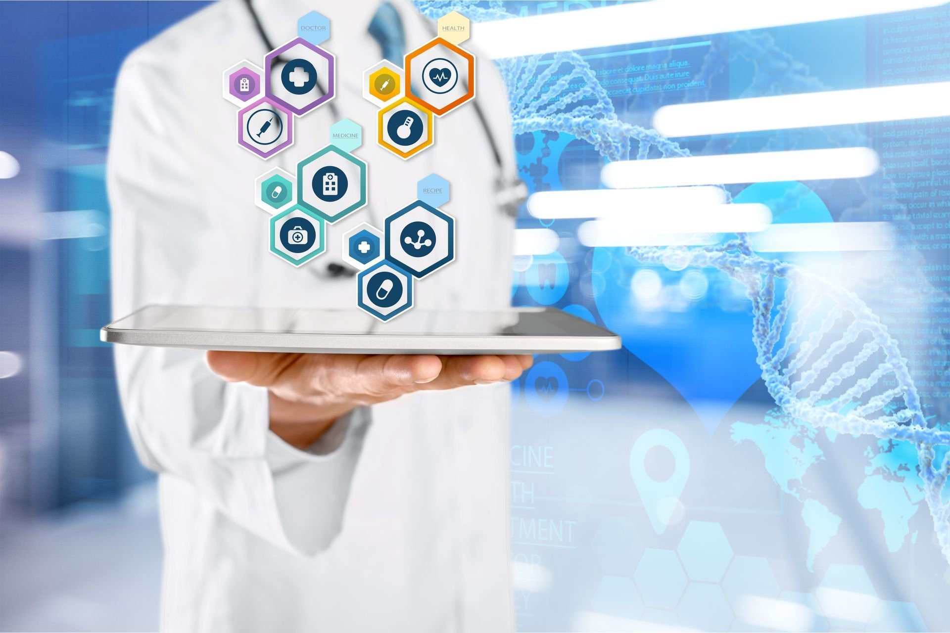 A doctor holds a tablet displaying a network of glowing medical icons against a background of a digital DNA strand.