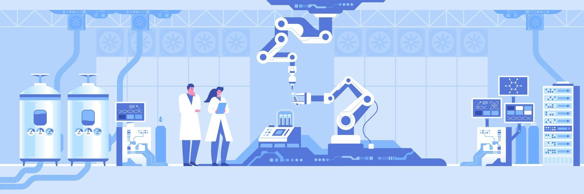 Two researchers in white lab coats observe a robotic arm working on equipment in a high-tech laboratory setting.