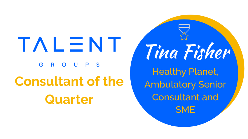 Talent Groups “Consultant of the Quarter” award for Tina Fisher in a blue and gold circular badge