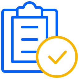 Blue clipboard with checklist and yellow checkmark badge.