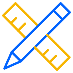 Blue pencil crossed over orange rulers, forming an icon for editing or design.