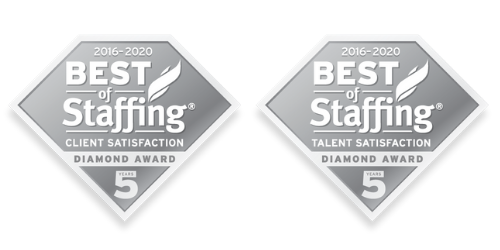 Two silver diamond-shaped Best of Staffing Diamond Awards for Client and Talent Satisfaction, 2016-2020.