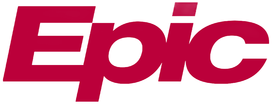 Red Epic logo in italic lettering on a white background