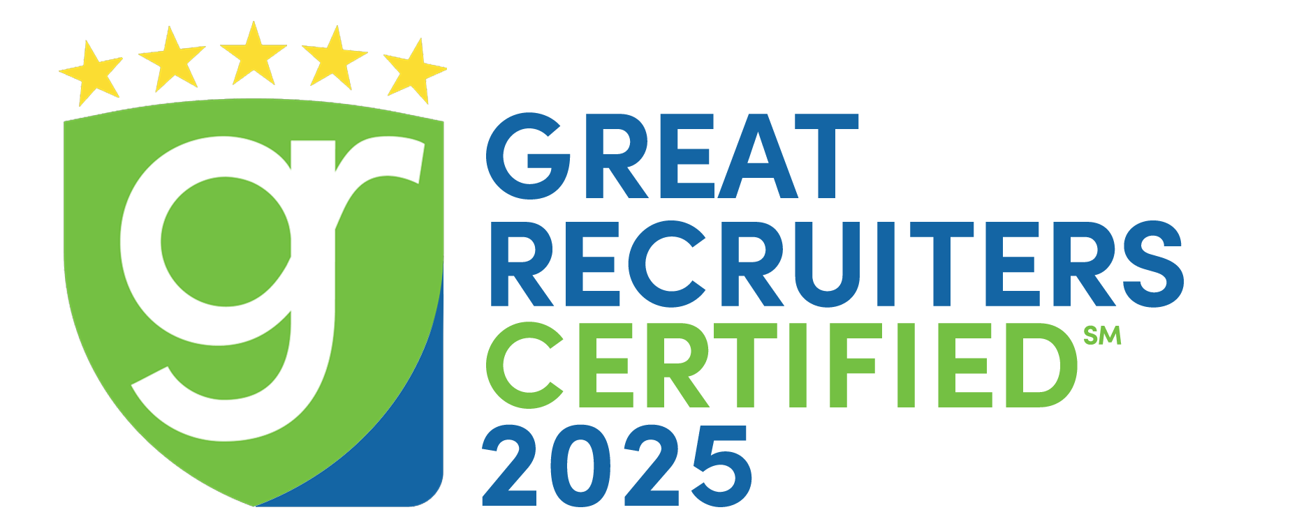 "Great Recruiters Certified 2025" logo featuring a green shield with a white 'gr' and five gold stars.