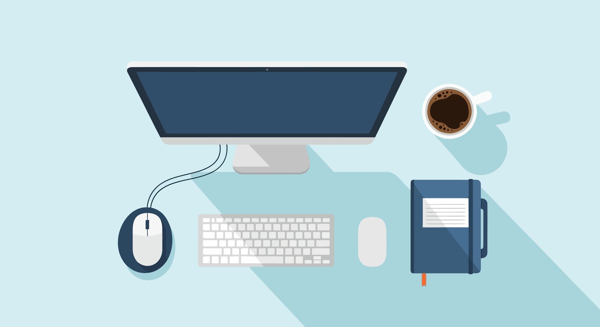 Flat lay of a desktop computer setup with mouse, keyboard, notebook, and coffee on a light blue background