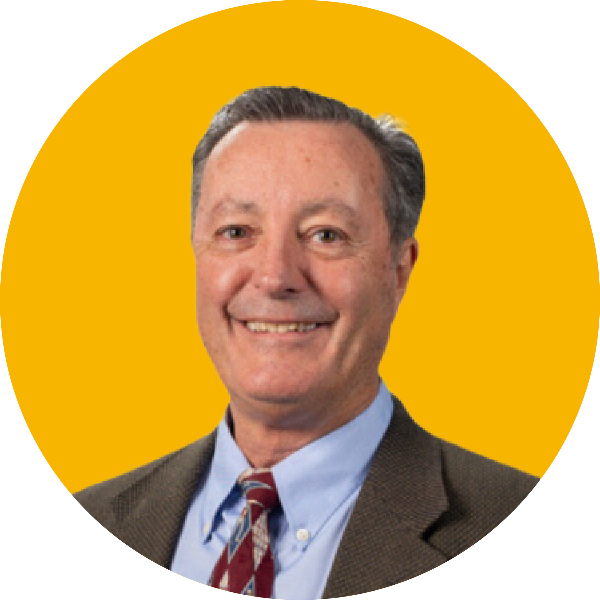 A smiling individual wearing a collared shirt, patterned tie, and dark blazer against a solid yellow circular background.