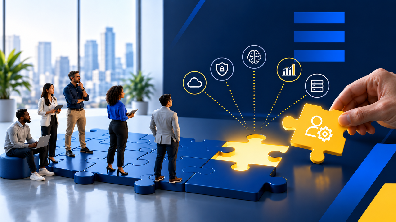Team standing on blue puzzle pieces assembling a digital business network with glowing icons and hand placing a piece