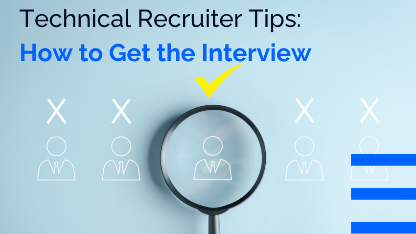 Technical recruiter tips graphic with a magnifying glass highlighting one candidate icon and blue title text