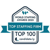 Award badge for the World Staffing Awards 2023, naming the recipient a Top 100 Staffing Firm by Candidate.ly.