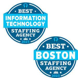 Two circular blue 2023 award badges: one for Best Information Technology Staffing Agency, the other for Best Boston Agency.