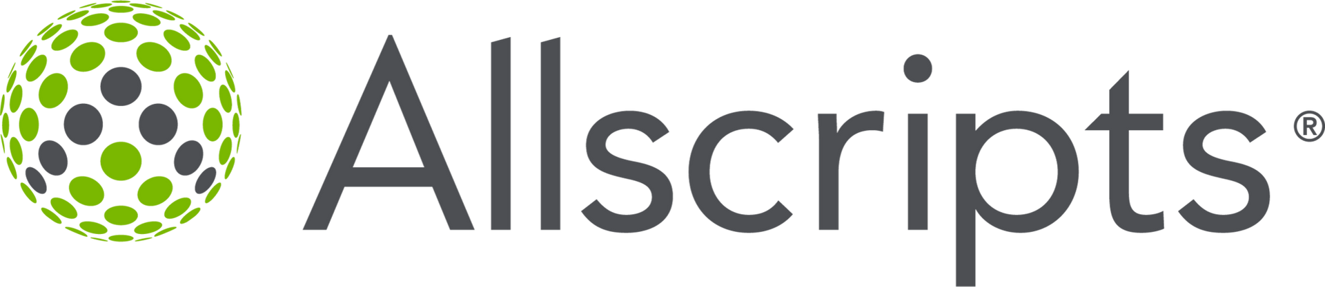 Allscripts logo featuring a globe made of green and gray dots next to the company name in gray text.