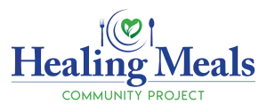 Healing Meals Community Project logo with blue text, green heart and utensils icon