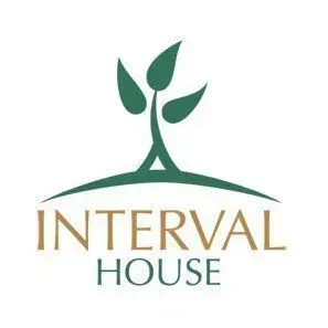 Logo for Interval House featuring a green, stylized three-leaf plant sprouting from a curved base over text.