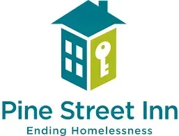 Logo for Pine Street Inn featuring a house icon with a key, with text reading