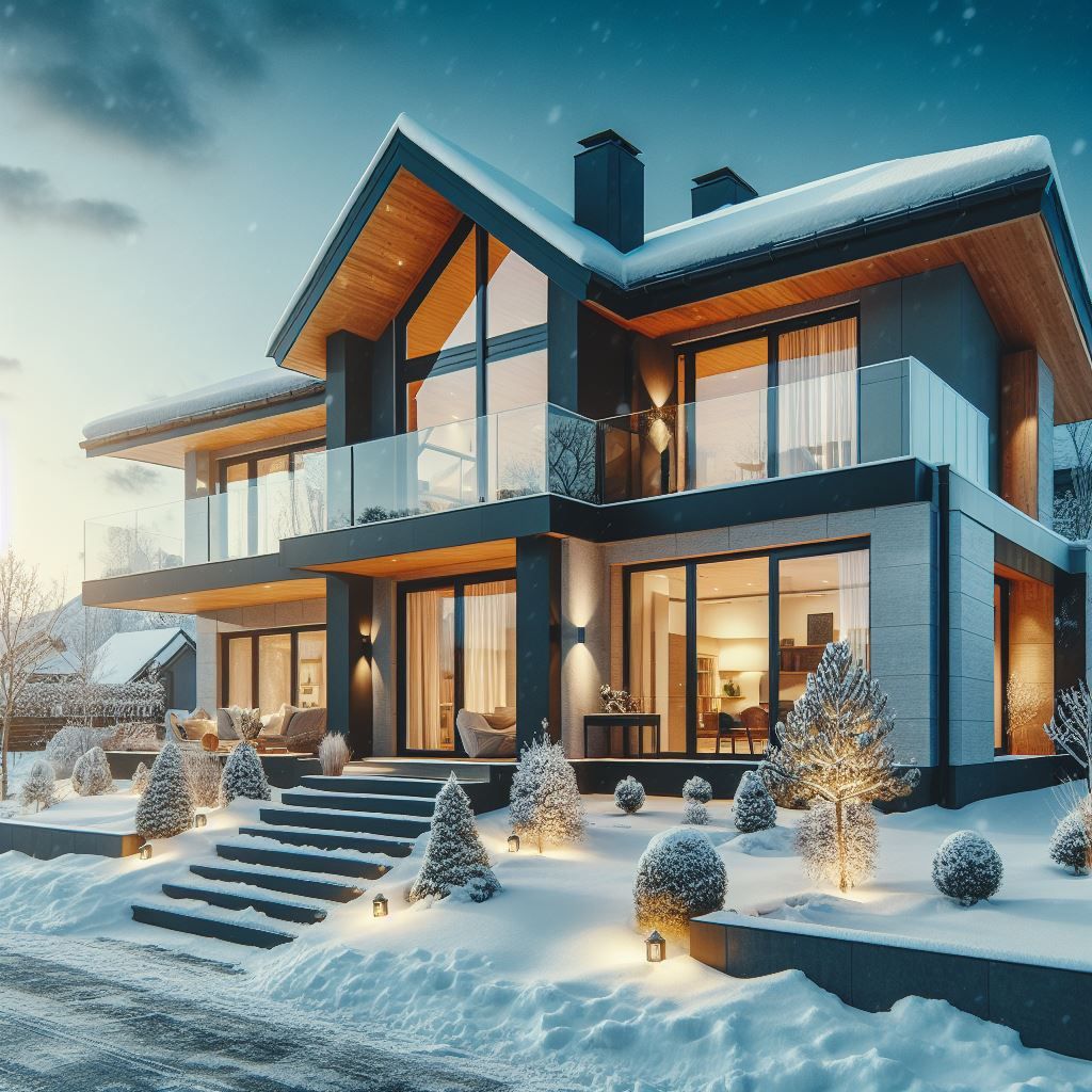 modern new construction house winter exterior