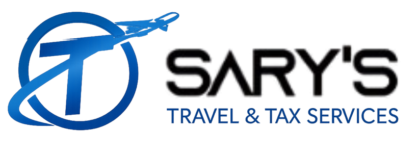 Sary's Travel & Tax Services logo with blue airplane icon and black-and-blue text