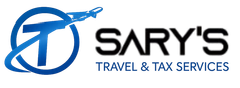 Sary's Travel & Tax Services logo with blue airplane icon and black-and-blue text