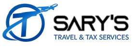 Sary's Travel & Tax Services logo with blue airplane icon and black-and-blue text