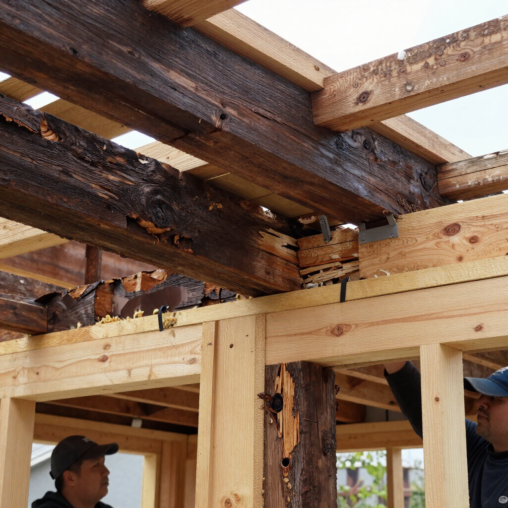 Charred roof beams over a wooden frame under construction, with two workers below.