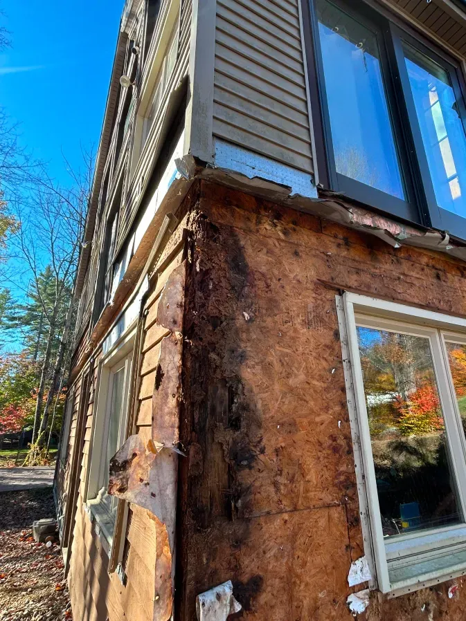 Damaged house corner with exposed wood, peeling siding, and a window under blue sky