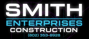 Smith Enterprises Construction logo in white and blue with phone number (802) 353-8928