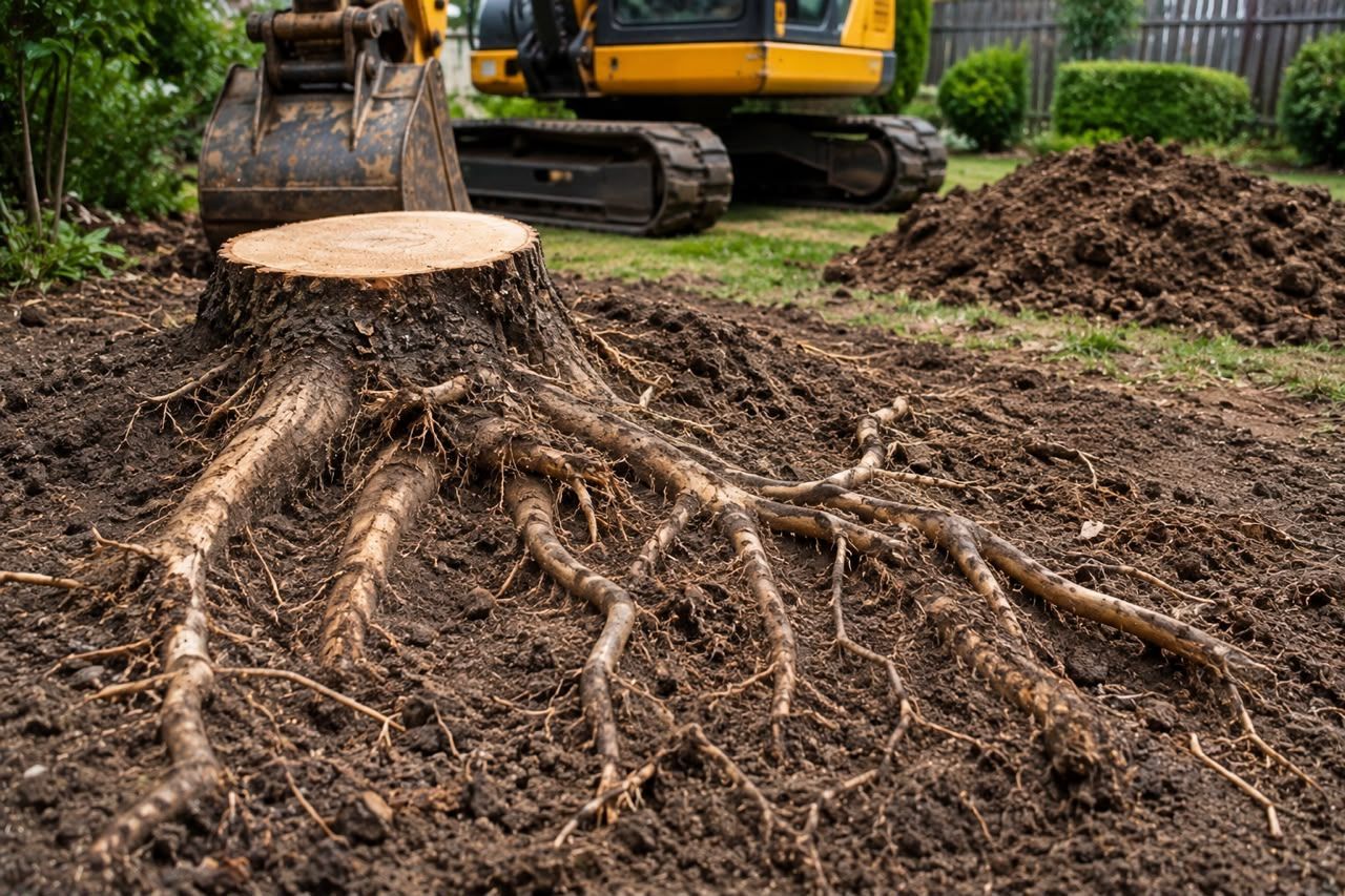 Tree stump with exposed roots in a muddy yard, with an excavator and soil pile in the background