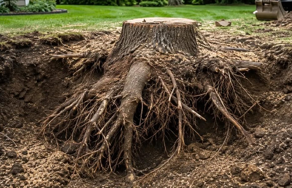 Uprooted tree stump with exposed roots in a yard, with an excavator in the background.