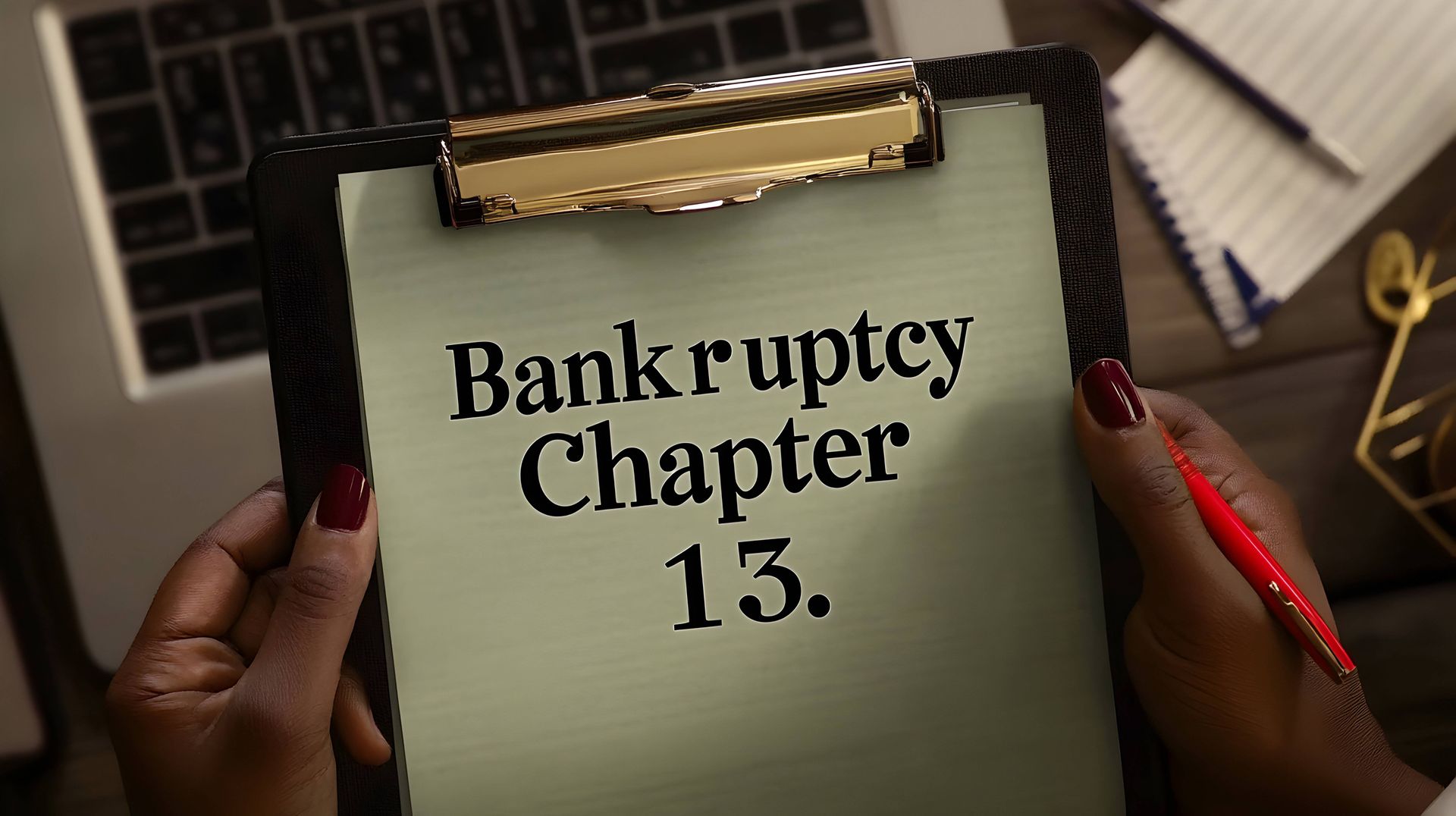 Clipboard reading “Bankruptcy Chapter 13” held by hands on a desk