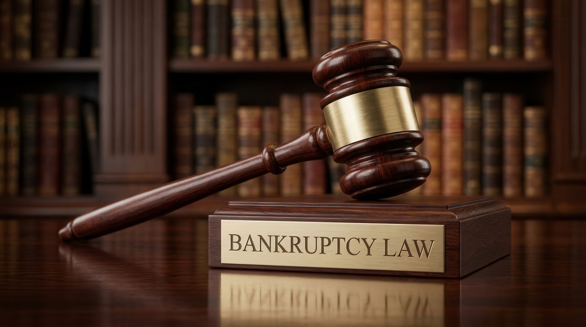 Judge’s gavel resting on a “BANKRUPTCY LAW” book in a law library
