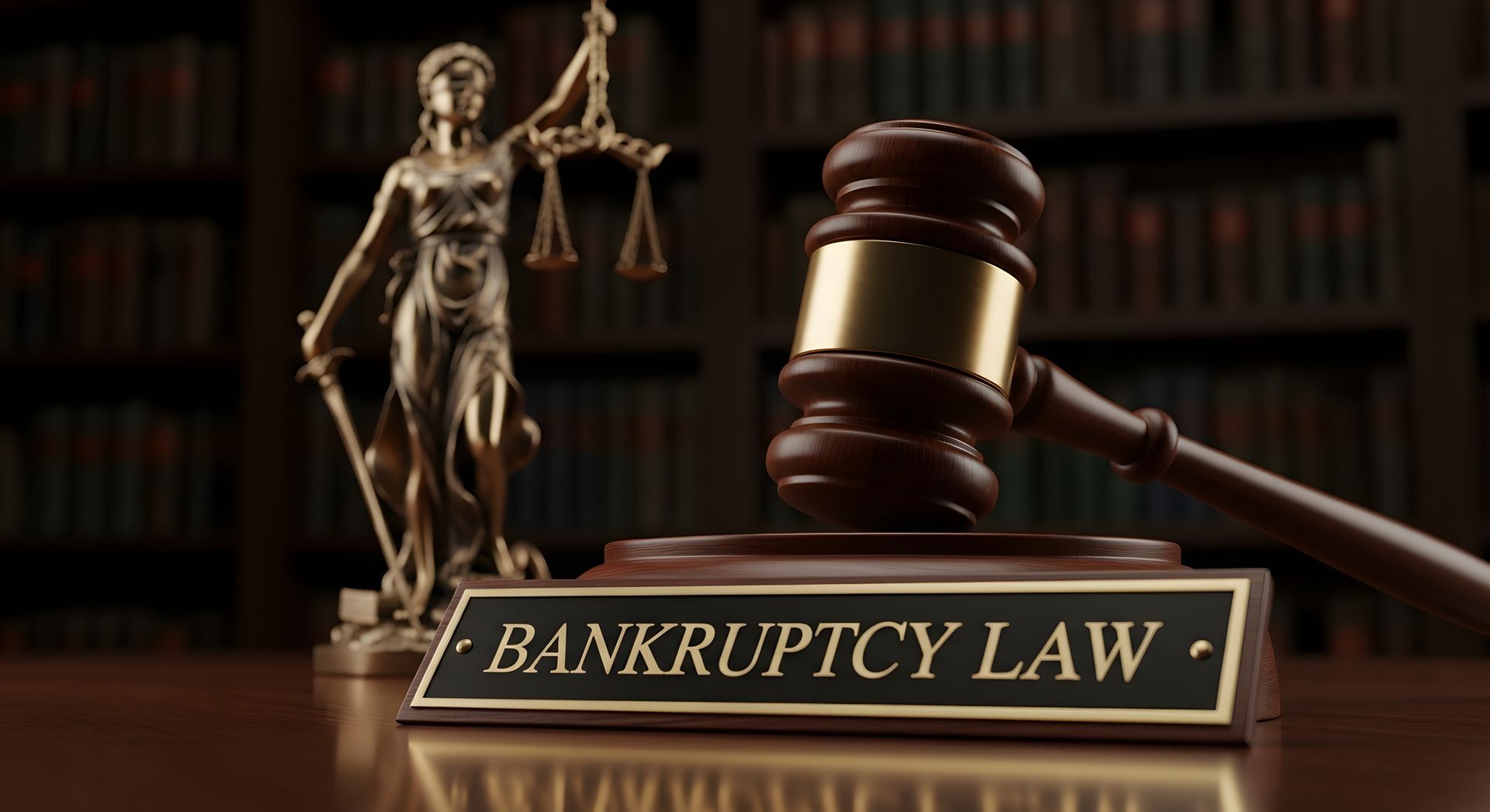 Judge's gavel and Lady Justice statue behind bankruptcy law nameplate.