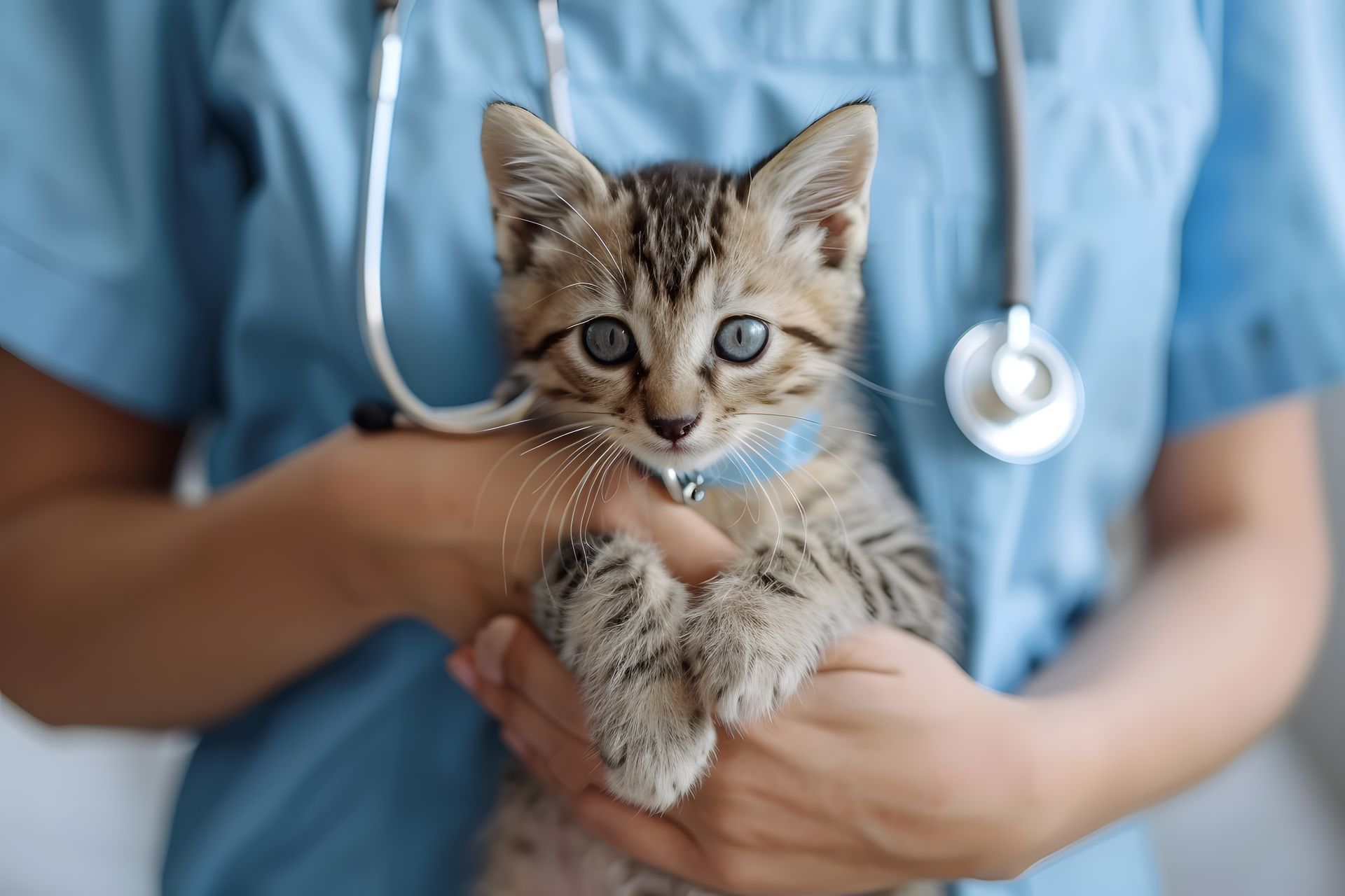 Uma veterinária de uniforme azul segura um pequeno gatinho malhado marrom com uma coleira azul e um estetoscópio no pescoço.