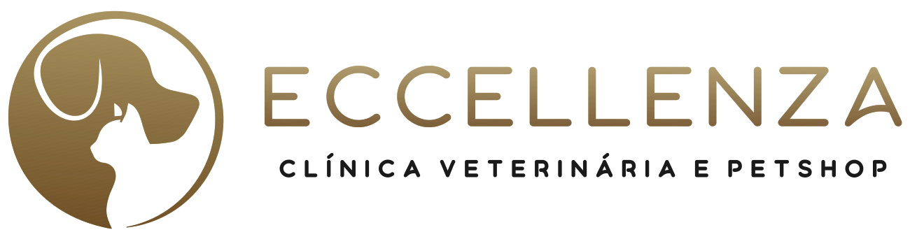 Logotipo dourado da clínica veterinária e petshop Eccellenza, apresentando a silhueta de um gato e um cachorro dentro de um círculo.